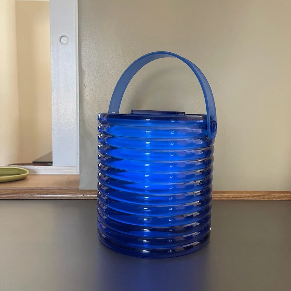 Vintage Acrylic Lucite Cobalt Blue Ribbed Ice Bucket with Lid